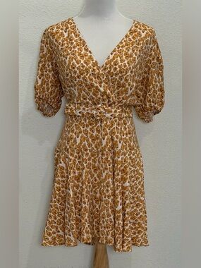 Nine West Floral Belted Wrap Dress XL Floral Mustard Puff Sleeve Cottagecore